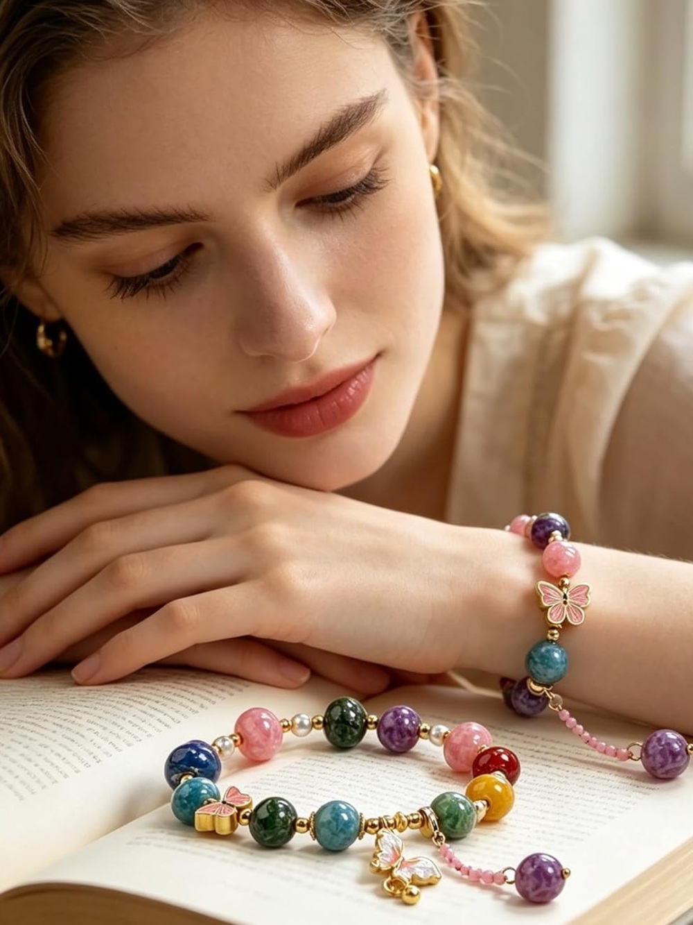 🆕New Butterfly Ceramic Bracelet-Stretchy Enamel Charm Good Luck Jewelry.